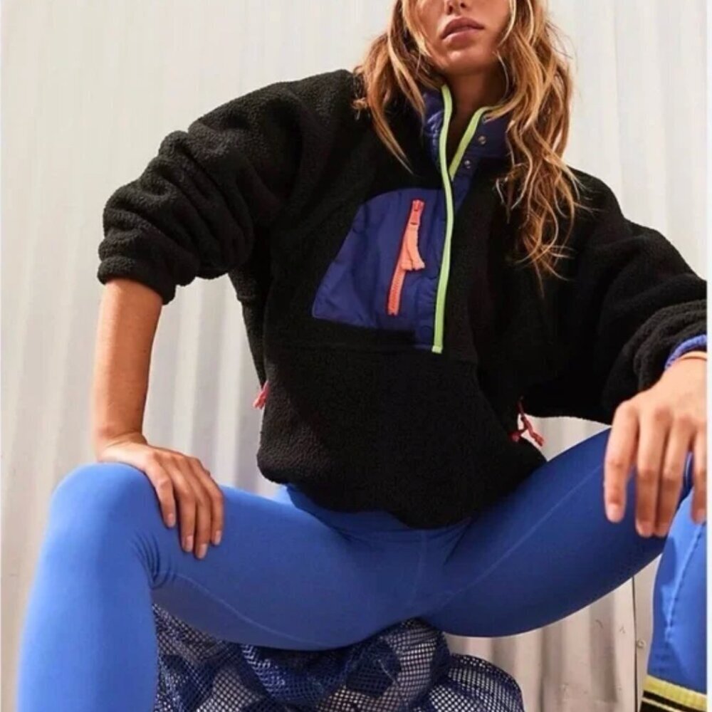 Free People Movement Hit The Slopes Fleece Pullover Jacket Black Blue Neon Small